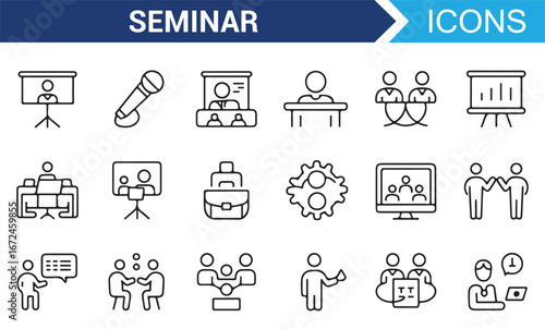 Set of Icons Representing Seminars, Meetings, and Discussions for Business
