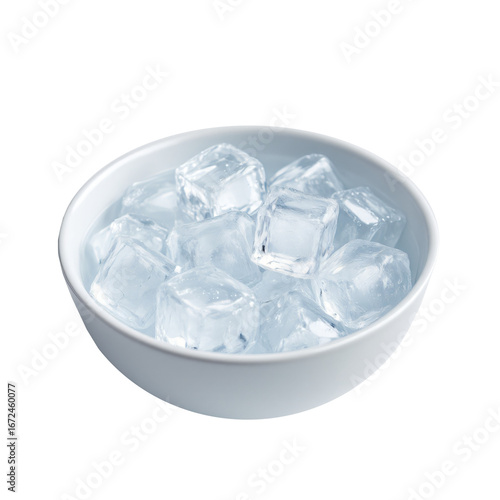 Round clear glass bowl filled with ice cubes isolated on white background, transparent crystal ice in circular glass dish, minimal food and drink