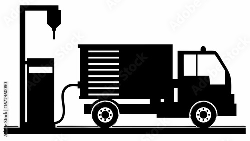 Black silhouette of a fuel truck connected to a gas pump on a road in a simple graphic style | editable eps vectors
