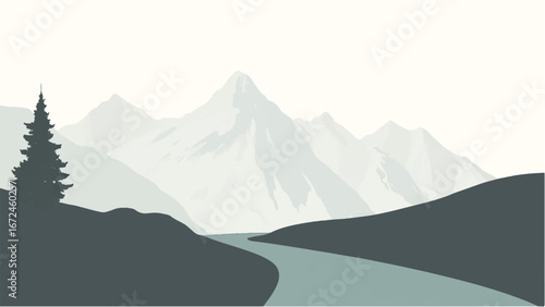Minimalist Abstract Mountain Landscape and Snowy Peak. Illustration of a Mountain Landscape.