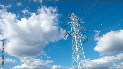 Clear blue sky with white clouds over a green field and a tall metal power line tower in nature, video footage.