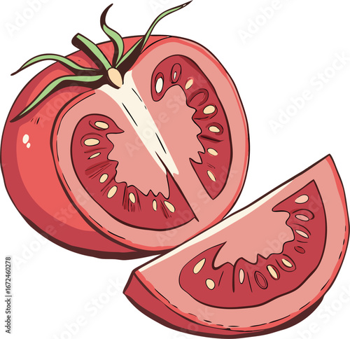 Fresh Red Tomato Cut In Half With Slice food vegetable
