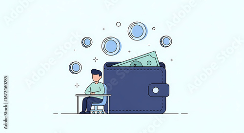 Person working at desk next to large wallet with flying coins and cash
