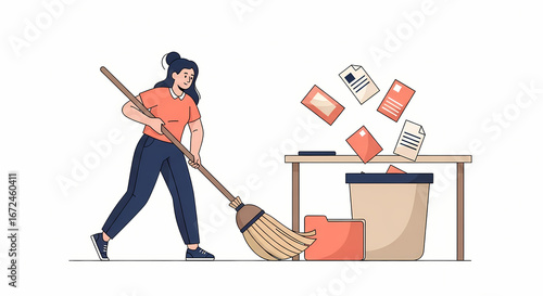 Woman cleaning digital files and folders with broom near trash bin
