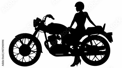 Silhouette of a woman with helmet sitting on a motorcycle with visible details in black and white shade | editable eps vectors
