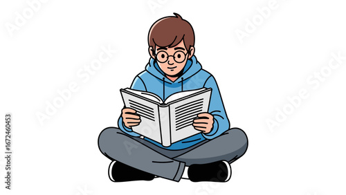 Boy absorbed in reading: A young boy, with spectacles and absorbed in a book, sits cross-legged and explores the world of literature. A illustration depicting focused reading and knowledge-seeking.
