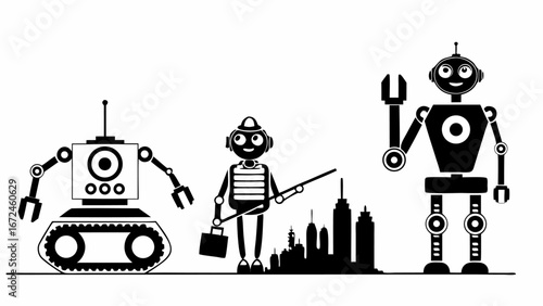 Three robots standing in front of a city skyline, one with treads, one with a briefcase, one waving tool | editable eps vectors silhouette