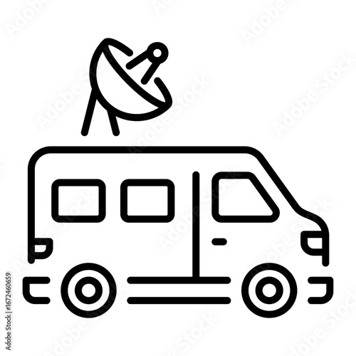 A linear style icon representing news van