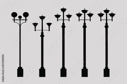 Streetlight Silhouette Vector Bundle | 5 Pole Designs with Unique Light Heads & Wiring Styles