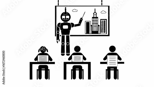 Robot teacher giving lesson about city skyline to students in a classroom setting with desks and chairs | editable eps vectors silhouette