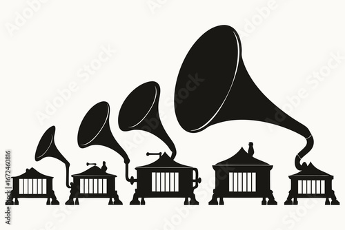 Vintage Gramophone Silhouette Bundle | 5 Antique Designs with Large Horns