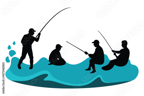 Fishermen Silhouette Bundle | 4 Designs Casting Lines in Various Poses by Water Edges