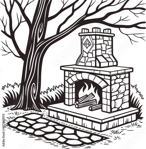 Outdoor stone fireplace with logs and tree outdoor fireplace
