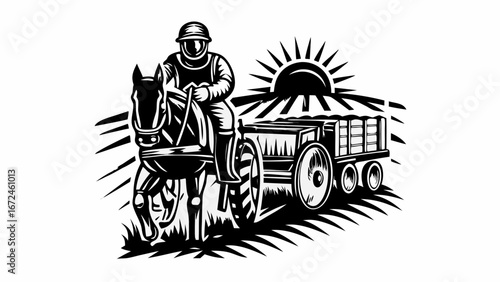Illustration of a farmer riding a horse pulling a wagon with a sun in the background artwork design | editable eps vectors silhouette