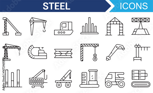 Set of Steel and Construction Equipment Icons for Industrial Design