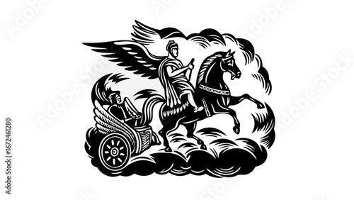 Illustration of a winged man riding a horse and another man in a chariot with wings in black and white | editable eps vectors silhouette