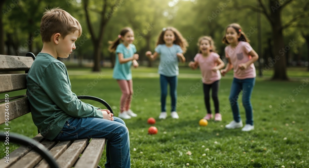 Fototapeta premium Sad child sitting alone on bench while kids play together in park. Bullying victim experiencing social rejection. Childhood loneliness and exclusion concept for banner
