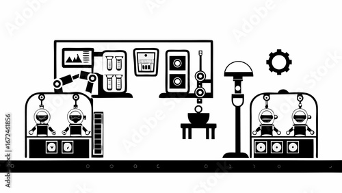 Illustration of a robotic assembly line with robots, conveyor belt, and various lab equipment and tools | editable eps vectors silhouette