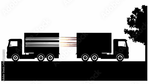 Silhouette of two trucks connected by light beams with tree and ground in black and white style art | editable eps vectors