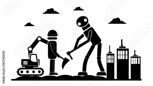 Illustration of construction workers and excavator working on a building site with city skyline view | editable eps vectors silhouette