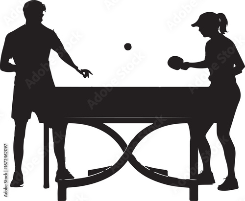 Black silhouette of a man and woman playing table tennis on white background ping pong sport