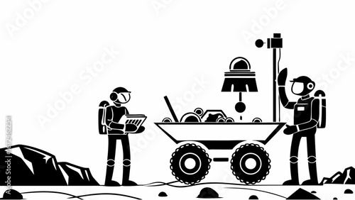 Two astronauts exploring a lunar landscape with a rover collecting samples in a black and white drawing | editable eps vectors silhouette