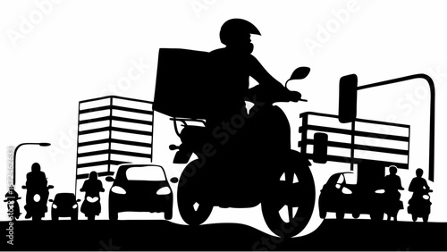 Silhouette of a delivery driver on a motorcycle with cars and buildings in the background in black and white | editable eps vectors