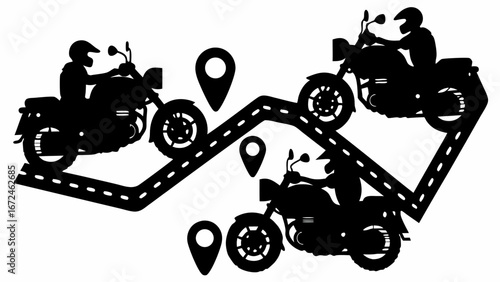 Silhouette illustration of motorcycles on a winding road with location markers indicating destinations route | editable eps vectors
