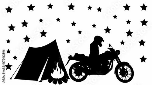 Silhouette of a motorcycle and tent with a campfire under a starry sky in a monochrome illustration | editable eps vectors
