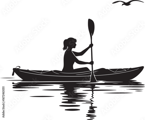 Silhouette of a woman kayaking on water with a bird flying above paddling