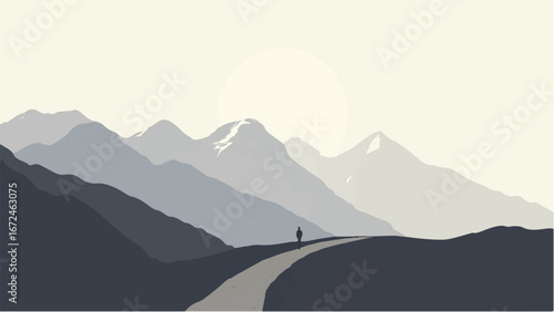 Minimalist Abstract Mountain Landscape and Snowy Peak. Illustration of a Mountain Landscape.