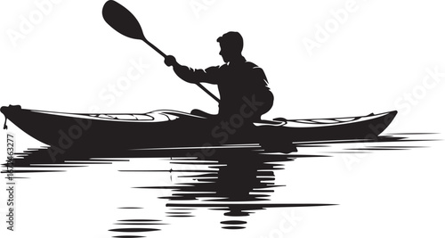 Silhouette of a man kayaking on water with reflections vector