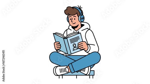 Literary Escape: A young individual immersed in a good book, accompanied by the relaxing vibes of headphones, finds serenity in the world of stories.