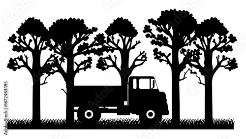 Silhouette of a truck parked among trees with grassy foreground in a monochrome black and white scene | editable eps vectors