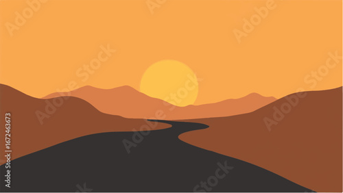 Road and Desert Landscape at Sunset. Serene Desert Illustration Featuring Sunset and Winding Road.
