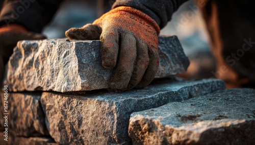 Wallpaper Mural Vibrant photo of worker is laying stone blocks on top of each other to build an outdoor wall, with a close-up view focusing on the hands and tools used in the construction. Torontodigital.ca