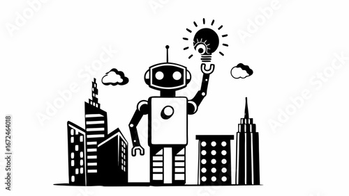 A robot holding a lightbulb standing in a city with clouds in the sky in a black and white illustration | editable eps vectors silhouette