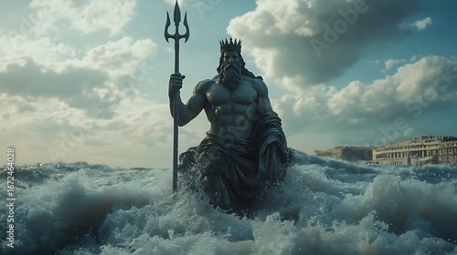Statue of neptune the roman god of the sea holding trident on the waves photo