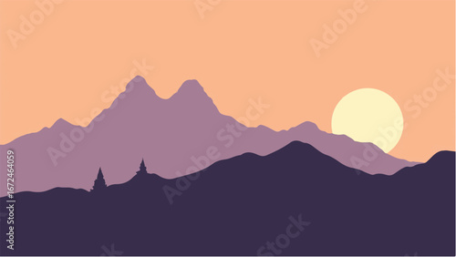 Sunset Over Layers of Rolling Hills and Mountains Landscape. Illustration of a Mountain Landscape at Sunset.