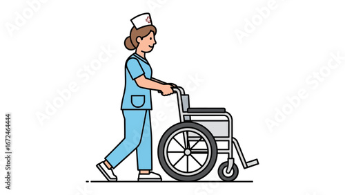 Caring Support: A dedicated nurse in uniform carefully pushes an empty wheelchair, symbolizing care, mobility, and medical assistance. The image highlights the compassion and service.