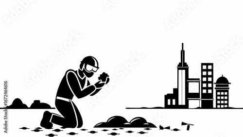Illustration of a worker with hard hat and goggles examining a rock with city skyline in background | editable eps vectors silhouette