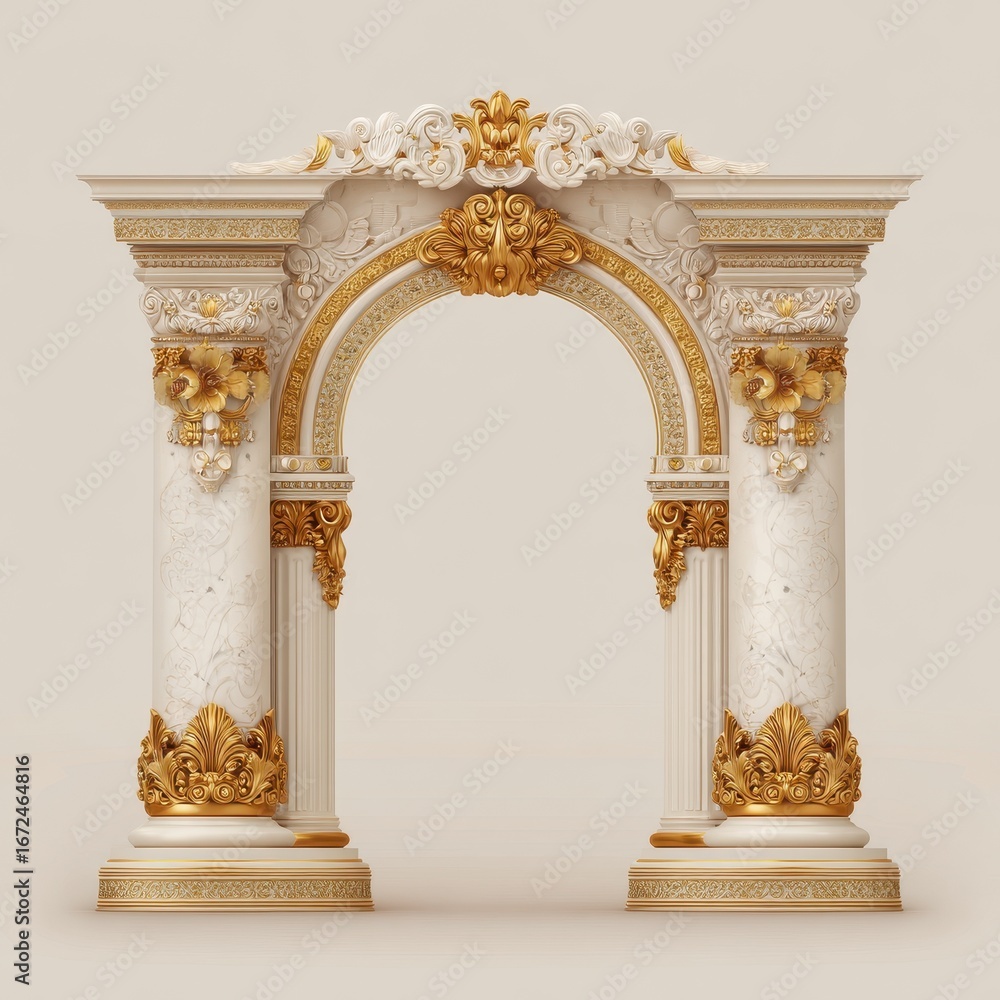 Naklejka premium Vibrant photo of golden and white arch with pillars on both sides, decorated with ornaments, against a pure background. the style is realistic vector graphics. it has an.