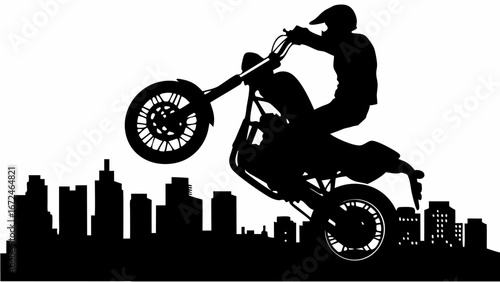 Silhouette of a motorcyclist performing a wheelie over a cityscape with buildings in the background view | editable eps vectors