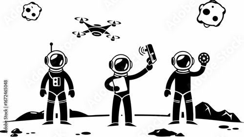 Three astronauts on a lunar surface with a drone and asteroids in space exploring the cosmos in black and white | editable eps vectors silhouette