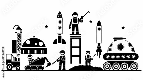 Illustration of astronauts exploring a planet with rockets vehicles and a habitat in black and white style | editable eps vectors silhouette