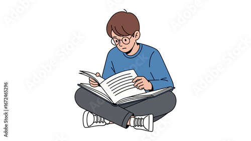 Young Reader Absorbed in Book: A young person with glasses is absorbed in a good book, with a sense of intelligence and thoughtfulness, as if a portal to another world