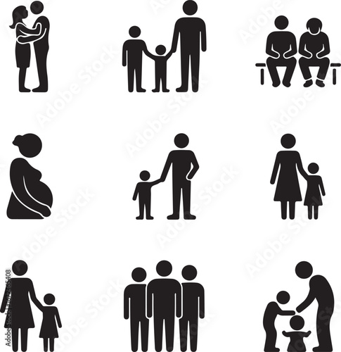 Diverse family and couple icon set black silhouettes on white background icons people