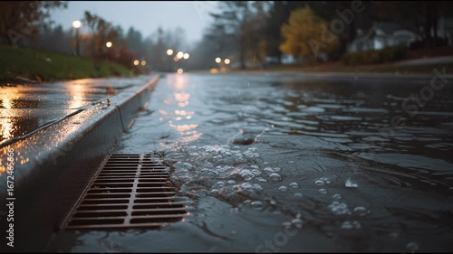 Water flows into a storm drain on a rainy day. Drainage system on a street for environmental protection and urban infrastructure footage.