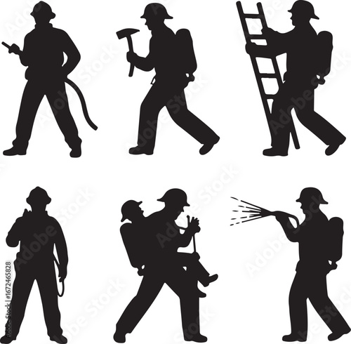 Six black silhouette firefighters in action with equipment on white background rescue emergency