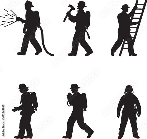 Six black silhouettes of firefighters in action on white background fire fighter black and white